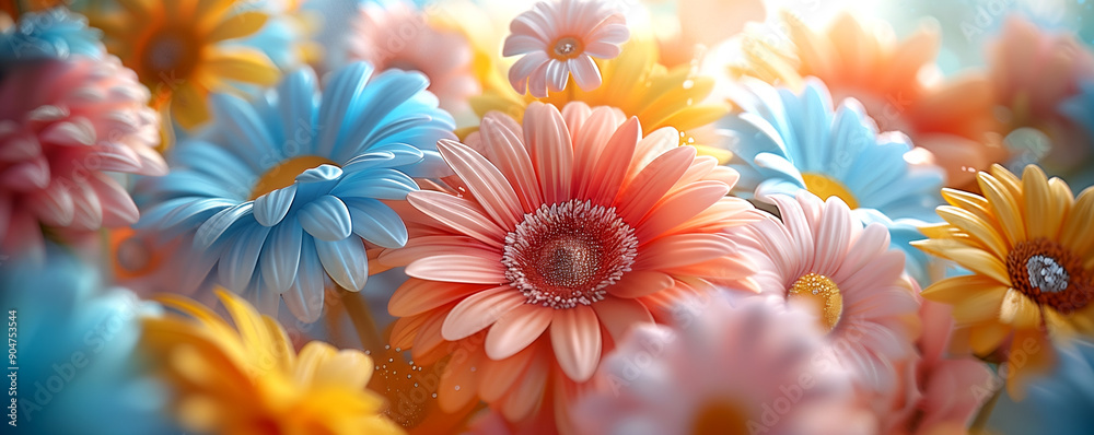 A colorful bouquet of flowers with a bright, cheerful mood. The flowers are arranged in a way that creates a sense of depth and movement, with some flowers appearing to be floating in the air A colorful bouquet of flowers with a bright, cheerful mood. The flowers are arranged in a way that creates a sense of depth and movement, with some flowers appearing to be floating in the air