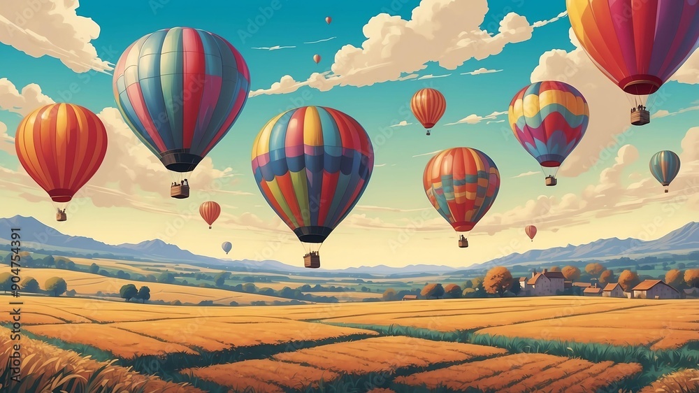 Fototapeta premium hot air balloons over fields modern pop art