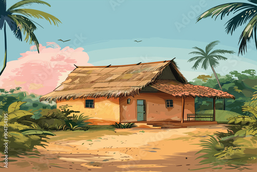 Illustration of Indian House vector art, village house, Indian Village background for cartoon. Illustration of Indian House art ,village house, Indian Village background for cartoon