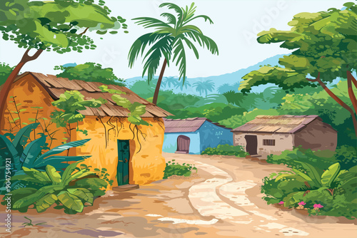 Illustration of Indian House vector art, village house, Indian Village background for cartoon. Illustration of Indian House art ,village house, Indian Village background for cartoon