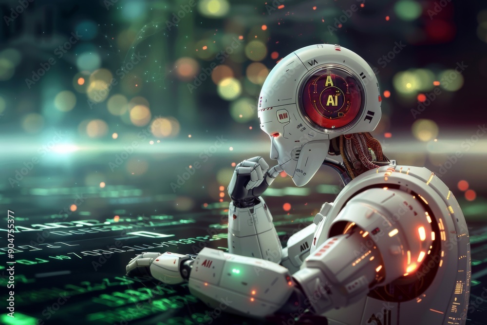 Fototapeta premium Robotic arm immersed in data analysis on digital interface highlights AI's role in futuristic automation.