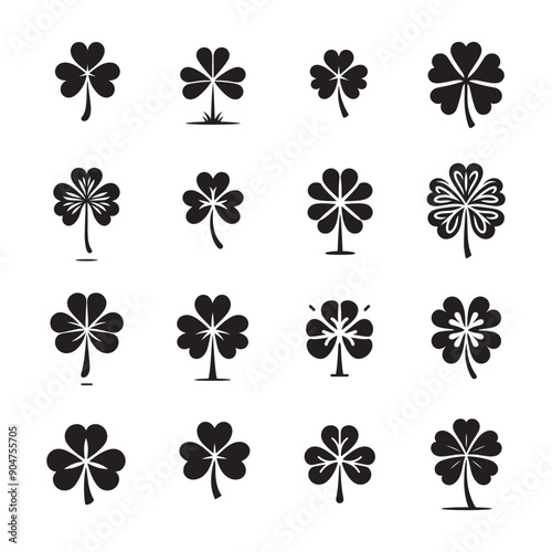 Clover vector icon set, clover leaf sign and symbol, clover logo design, silhouette design, Four, five, three leaf clover icon