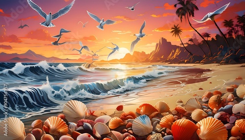 An illustration of a coastal scene at sunset, with golden sands, gentle waves lapping at the shore, a variety of seashells scattered along the beach, and seagulls soaring against a sky ablaze