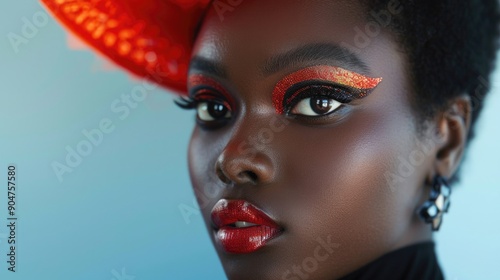 CloseUp Portrait of Woman with Bold Makeup and Red Hat in Studio Lighting photo