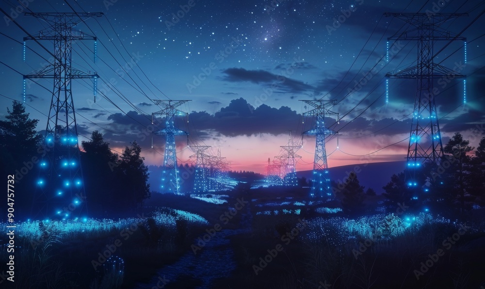 Power Transmission Lines with 3D Digital Visualization of Electricity. Scenic Footage with Night Sky Full of Bright Stars. Concept of Renewable Green Energy and Clean Ecological, Generative AI