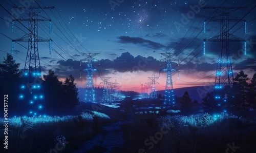 Power Transmission Lines with 3D Digital Visualization of Electricity. Scenic Footage with Night Sky Full of Bright Stars. Concept of Renewable Green Energy and Clean Ecological, Generative AI 
