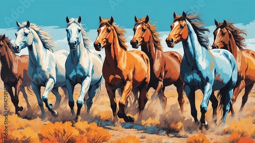 wild horses on plains modern pop art © Lzanne Studio