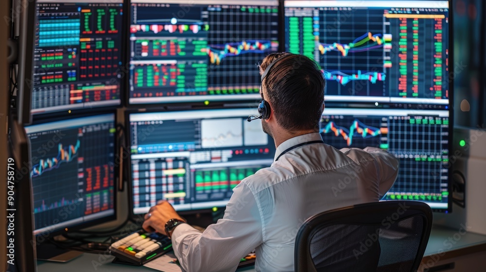 Stock Trader Analyzing Financial Data on Multiple Monitors Stock Trader Analyzing Financial Data on Multiple Monitors