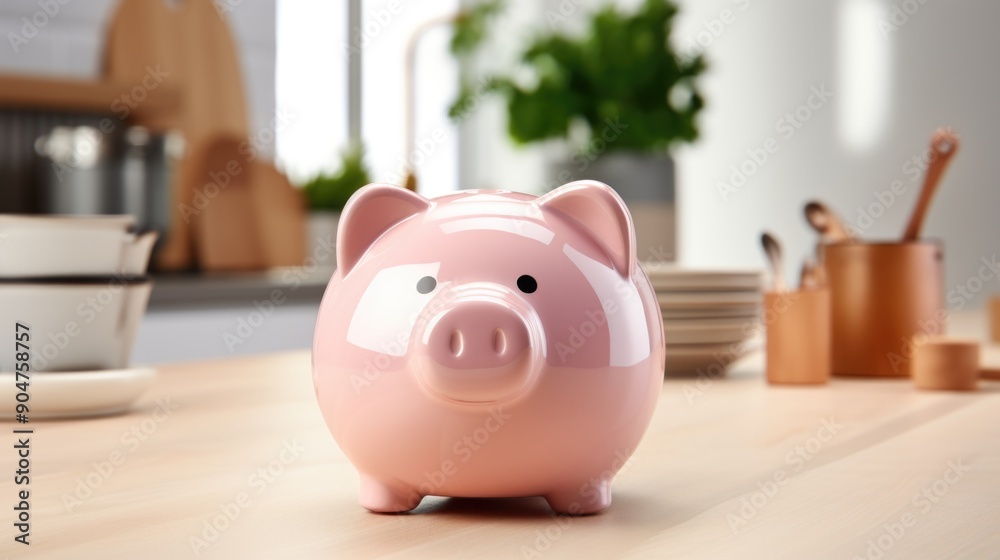 Pink piggy bank on kitchen counter Pink piggy bank on kitchen counter