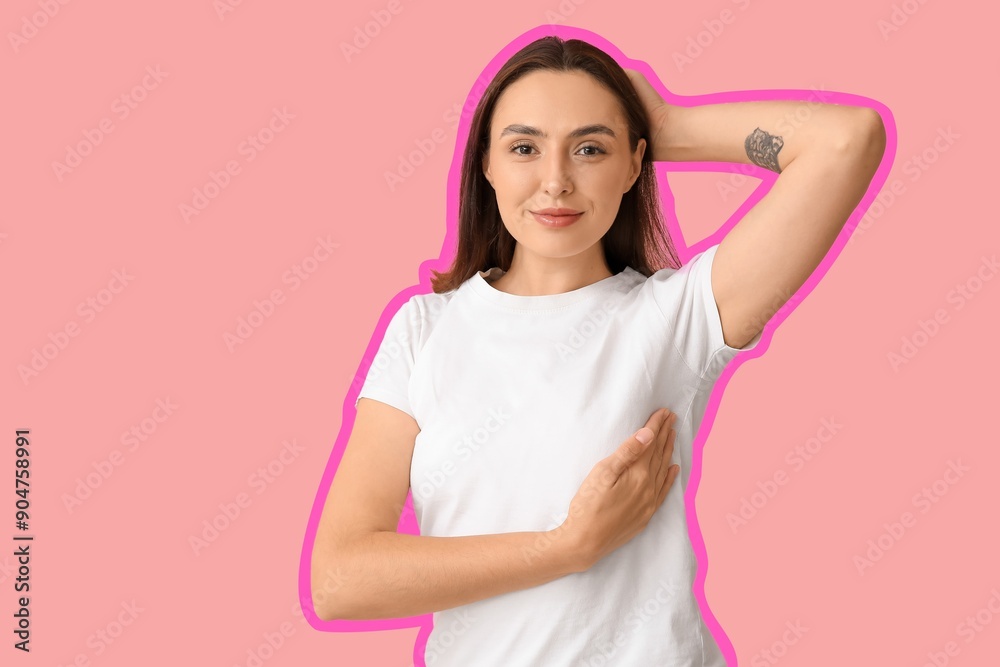Young woman checking her breast on pink background. Cancer awareness concept Young woman checking her breast on pink background. Cancer awareness concept