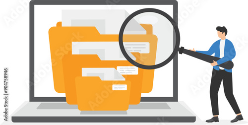 people in business clothes with a magnifying glass near the computer look at the folders with files, working with files

