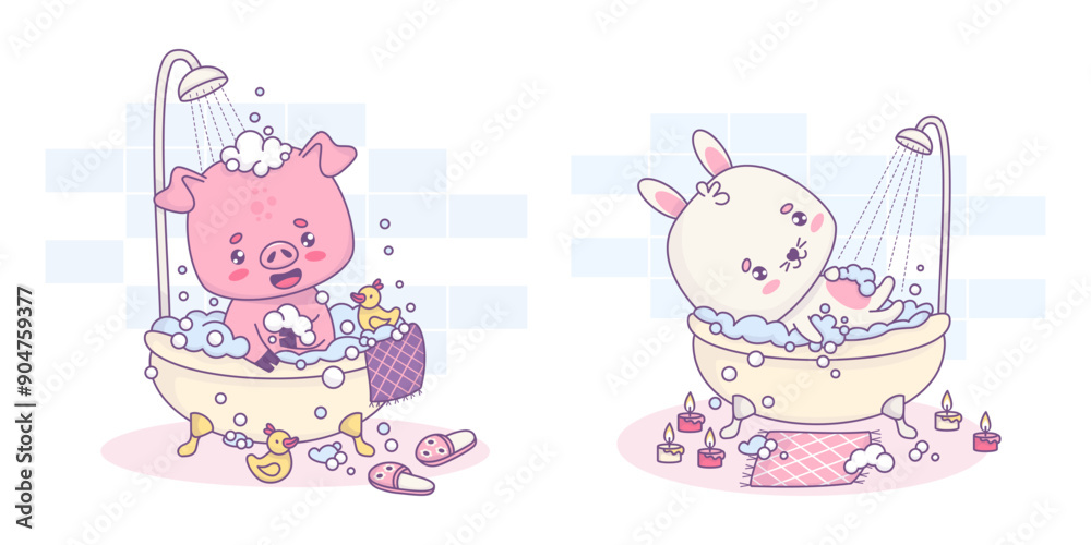 Cute bunny and pig bathes, rests in bubble bath. Isolated whimsical relaxed in bathroom is shower cartoon kawaii animals character. Vector illustration. Kids collection Cute bunny and pig bathes, rests in bubble bath. Isolated whimsical relaxed in bathroom is shower cartoon kawaii animals character. Vector illustration. Kids collection
