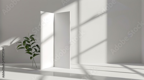 Realistic empty blank white tri-fold mockup, windows and leaf shadow overlay isolated background. 3D Illustration photo