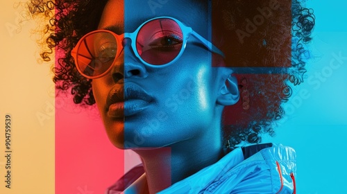 Vibrant Portrait of Trendy Woman in Colorful SplitTone Lighting Wearing Round Sunglasses photo