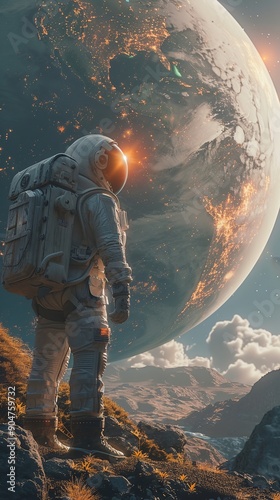 Craft an engaging visual of a side view depiction where one astronaut stands in front of a terraformed planet, conflicted and contemplative Use lighting and shadows to convey the weight of  photo