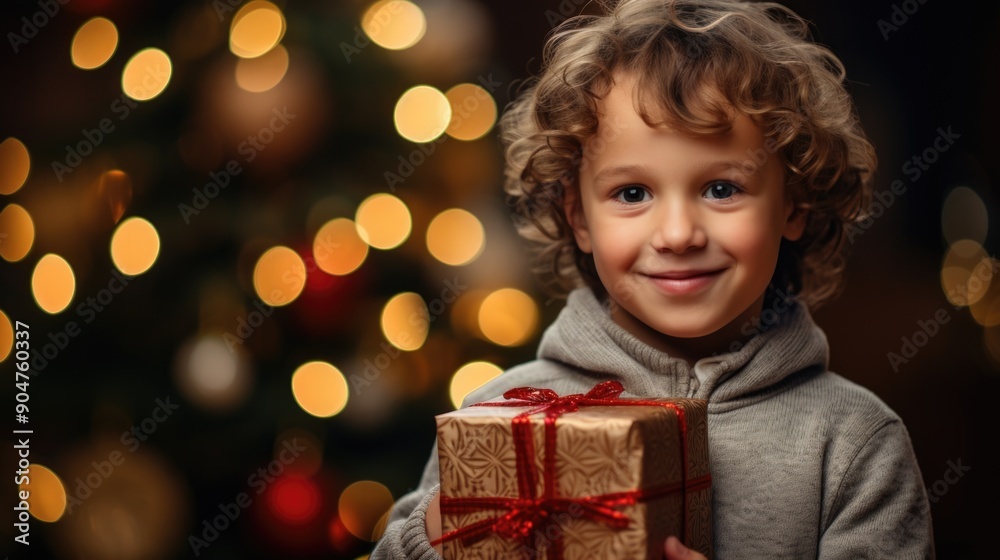 Smiling Child Holding Christmas Gift with Festive Holiday Decorations and Bokeh Lights in Background Smiling Child Holding Christmas Gift with Festive Holiday Decorations and Bokeh Lights in Background