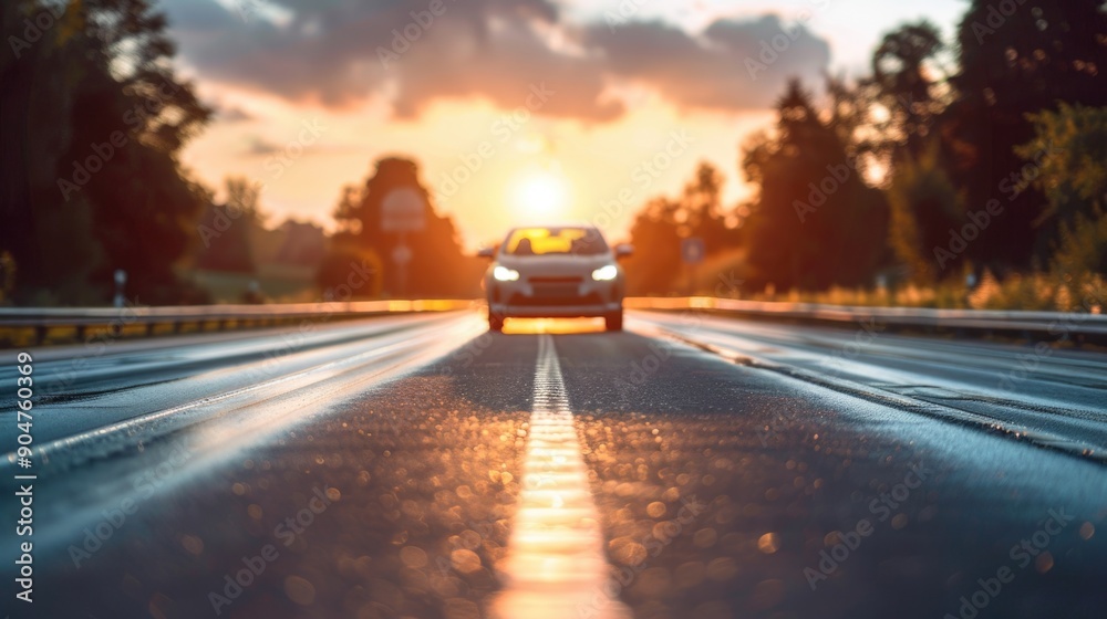 Car damaged on road at sunset Car damaged on road at sunset