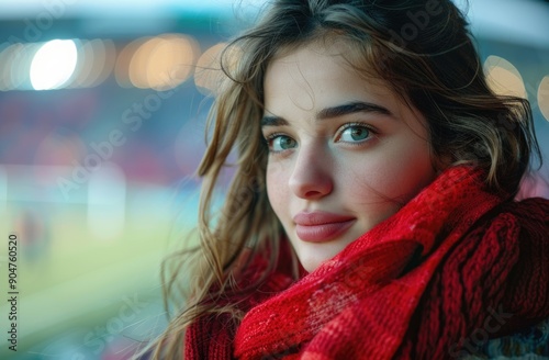 Girl wearing red scarf in stadium