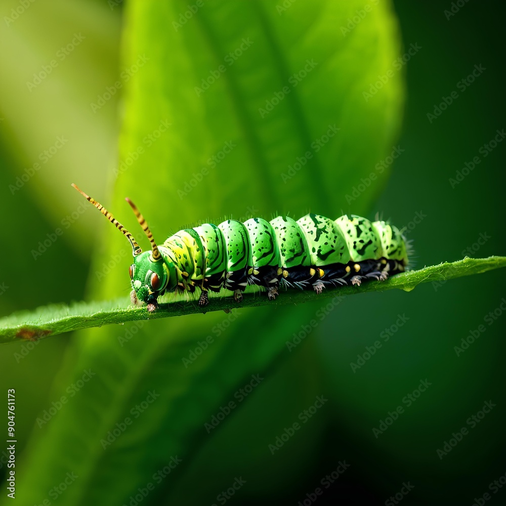Green caterpillar crawling on a leaf, vibrant and detailed close-up shot. Green caterpillar crawling on a leaf, vibrant and detailed close-up shot.