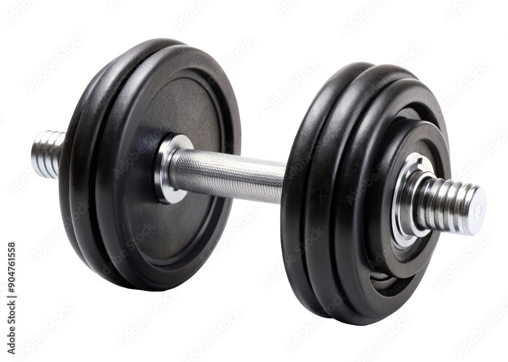 A black dumbbell with a metal handle. Ideal for strength training and home workouts. Isolated on transparent background, png. A black dumbbell with a metal handle. Ideal for strength training and home workouts. Isolated on transparent background, png.