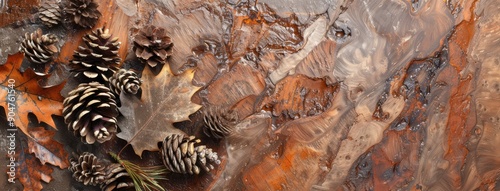 Autumn Pine Cones and Leaves on Textured Surface