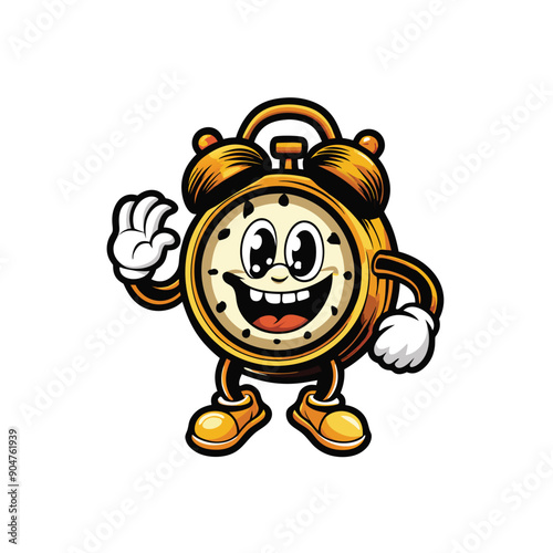 Design a vector illustration of a vintage alarm clock with a cartoon-like design, featuring a friendly face and large, expressive eyes. The alarm clock should be standing with arms outstretched.