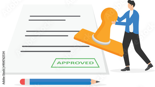 isometric vector image on a blue background, stamp and a sheet of paper with data about a person, affirmative seal, hiring a new employee

