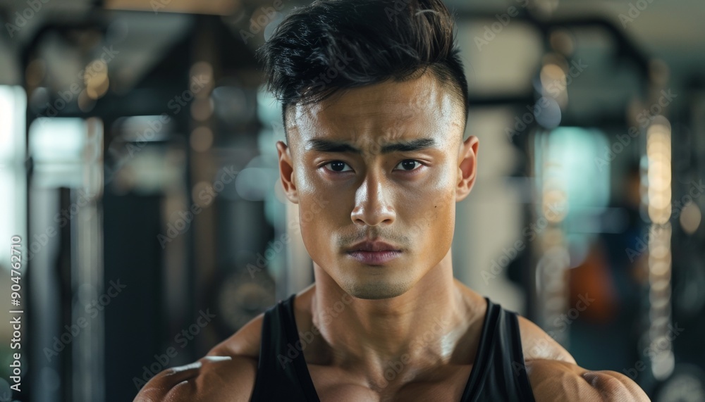 Asian Man in Gym with Serious Expression, Wearing Black Athletic Attire, Gym Equipment Visible in Background Asian Man in Gym with Serious Expression, Wearing Black Athletic Attire, Gym Equipment Visible in Background