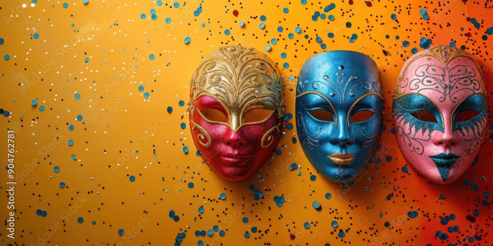 Obraz premium Three colorful venetian masks on gold background