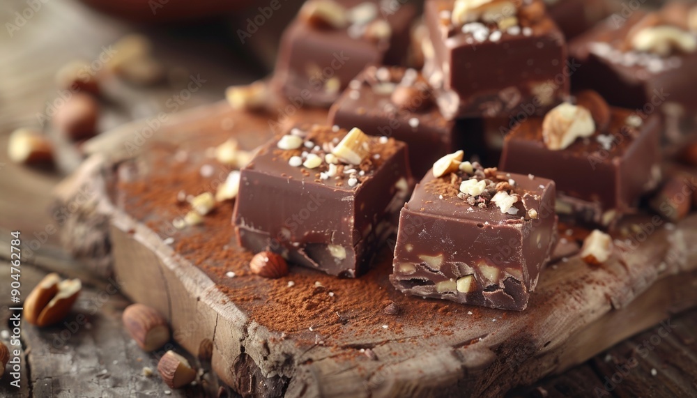 Delicious Chocolate Fudge Cubes Topped with Nuts on Wooden Board, Elegant Presentation, Sweet Treats