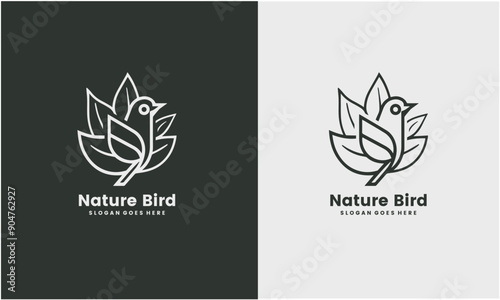 Minimalist bird logo design. inspiration bird and leaf nature logo concept. photo