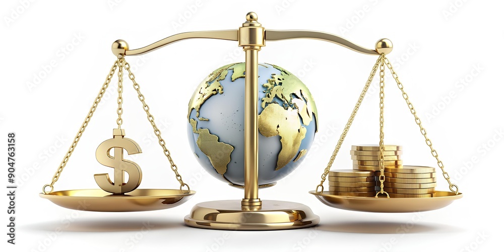 Global Balance Scale with Earth, Dollar Sign, and Coins Symbolizing Economic Stability Global Balance Scale with Earth, Dollar Sign, and Coins Symbolizing Economic Stability