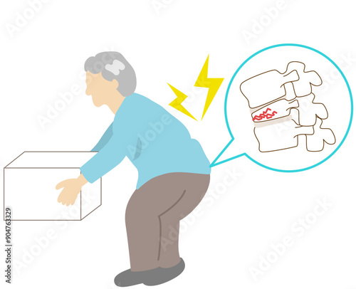 重い荷物を持ち上げ腰を痛める高齢者男性