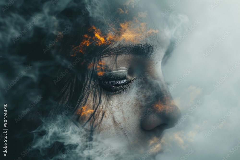 Surreal CloseUp of Woman's Face Amidst Smoky Clouds and Fiery Elements Surreal CloseUp of Woman's Face Amidst Smoky Clouds and Fiery Elements
