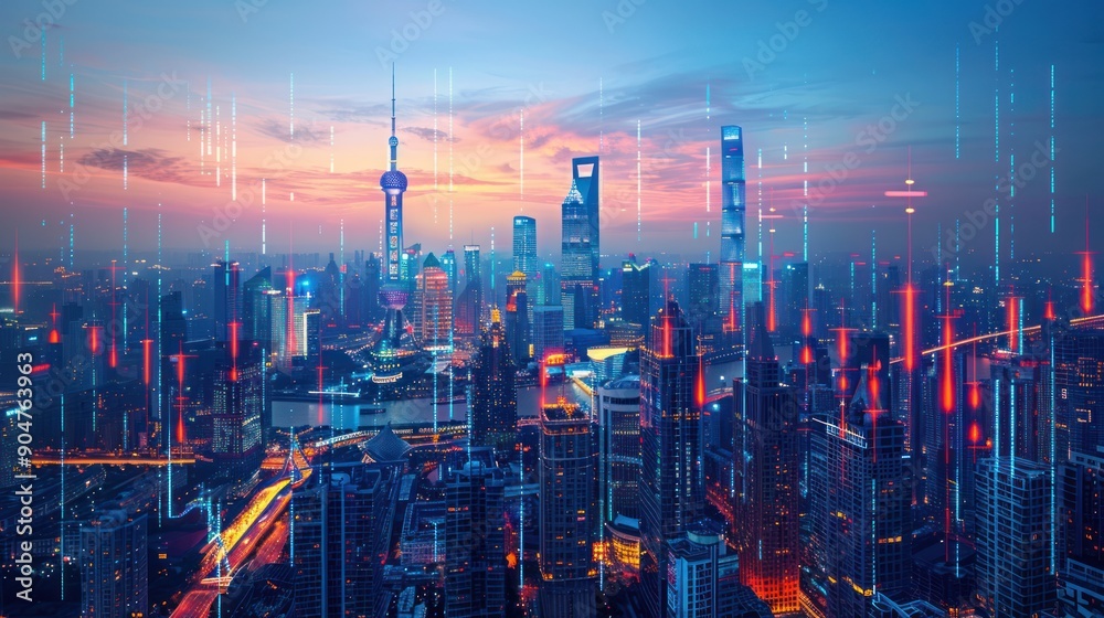 Financial Hub: Modern Skyscrapers and Graphs Representing the Thriving City Economy Financial Hub: Modern Skyscrapers and Graphs Representing the Thriving City Economy