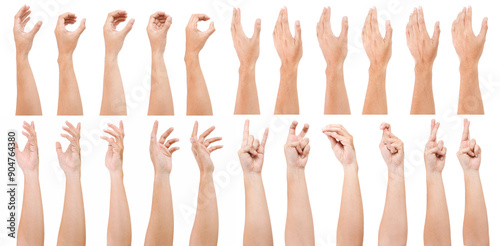 GROUP of Male asian hand gestures isolated over the white background. Grab action. Touching action. CROSS FINGER POSE.