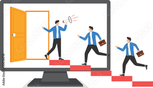 isometric vector image on a blue background, a man with a loudspeaker stands at the open door on the computer screen, attracting referrals and buyers for additional income

