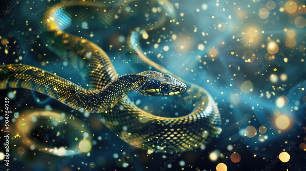 Captivating Image of a Golden Snake in a Mystic Glittering Background Captivating Image of a Golden Snake in a Mystic Glittering Background
