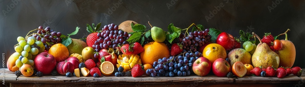 Create a visually captivating wide-angle image featuring an array of fruits, each representing a different mythological story from various cultures around the world The fruit selection should be Create a visually captivating wide-angle image featuring an array of fruits, each representing a different mythological story from various cultures around the world The fruit selection should be