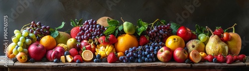 Create a visually captivating wide-angle image featuring an array of fruits, each representing a different mythological story from various cultures around the world The fruit selection should be 