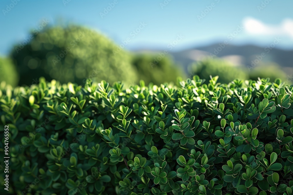 Green hedge with mountains in background Green hedge with mountains in background