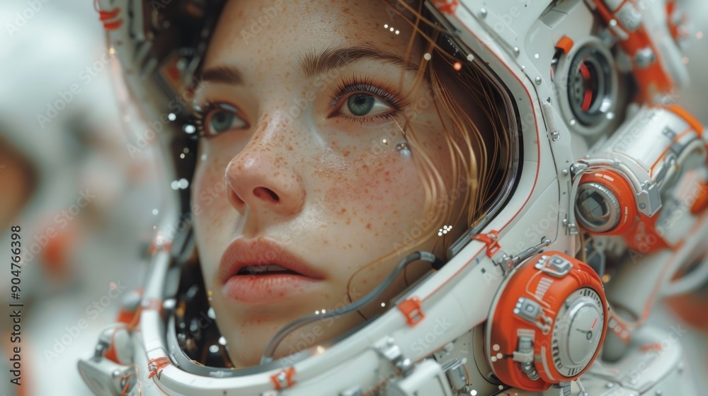 CloseUp Portrait of Female Astronaut in Futuristic Spacesuit with Freckles CloseUp Portrait of Female Astronaut in Futuristic Spacesuit with Freckles