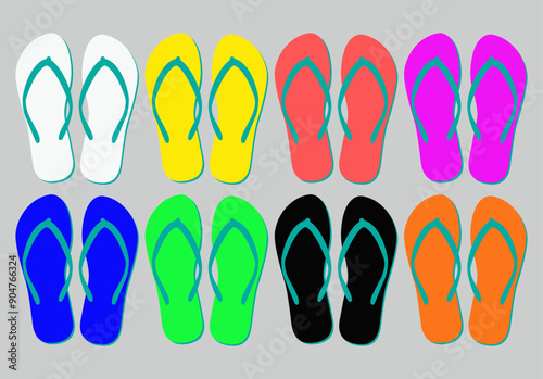 Summer flip flop vector icon, beach slipper, pool shoe, sea sandal set bright pattern, cartoon rubber footwear isolated on white background. Cute illustration