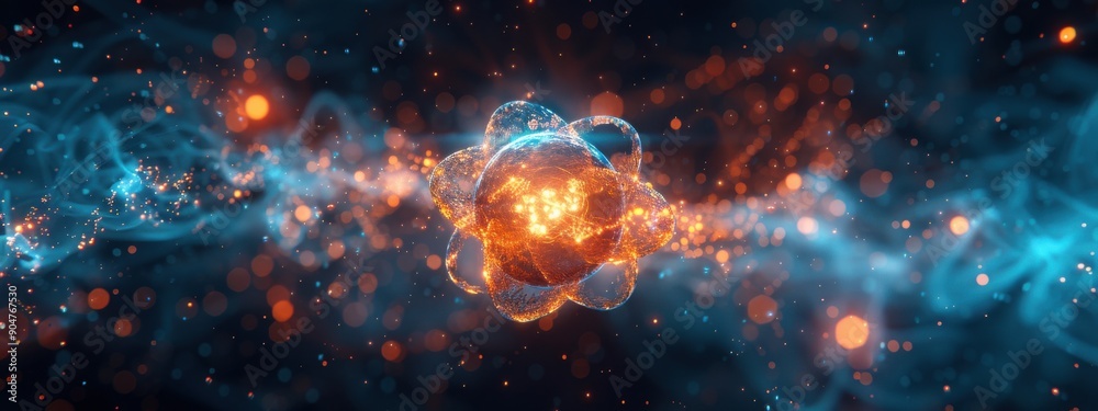 Atom Model: A stylized illustration of an atom, with a central sphere representing the nucleus and smaller spheres orbiting it for electrons. Atom Model: A stylized illustration of an atom, with a central sphere representing the nucleus and smaller spheres orbiting it for electrons.