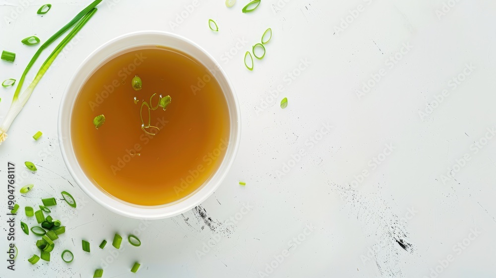 Chicken broth with green onion in white bowl on white table Top view with empty space Chicken broth with green onion in white bowl on white table Top view with empty space