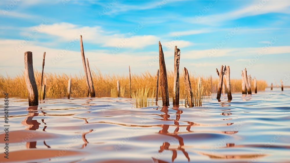 Naklejka premium A serene waterscape with a series of weathered wooden stakes emerging from the calm water