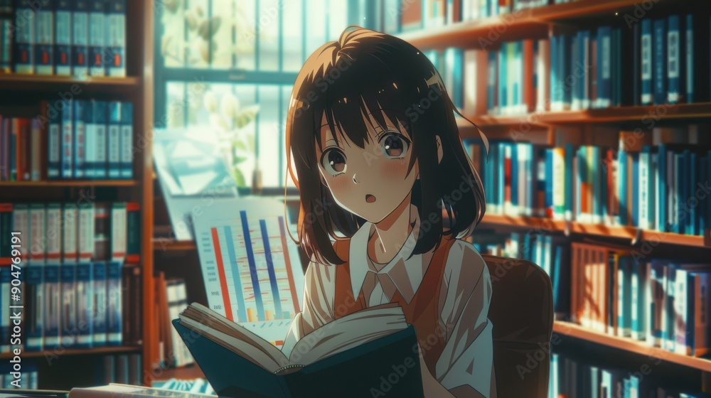 Anime girl in medium wide shot, comparing bar charts in library, thorough research, studio lighting Anime girl in medium wide shot, comparing bar charts in library, thorough research, studio lighting