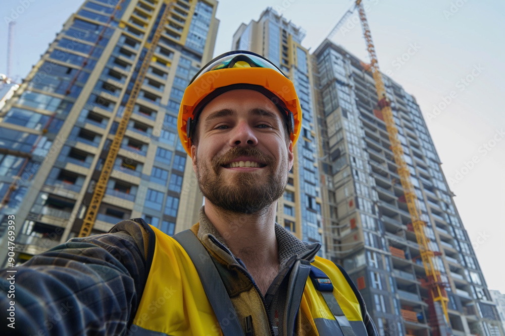 Selfie with new residential constructing towers block of flats behind. Excellent quality profession of engineer concept. Adult single builder in safety gear and helmet Selfie with new residential constructing towers block of flats behind. Excellent quality profession of engineer concept. Adult single builder in safety gear and helmet