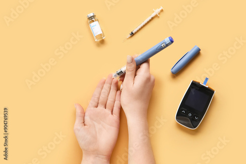 Diabetic woman with lancet ...