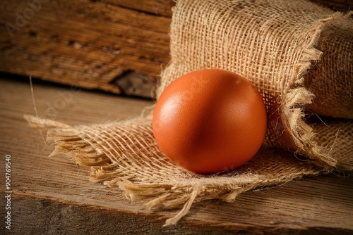 raw fresh egg on sack and wood background photo